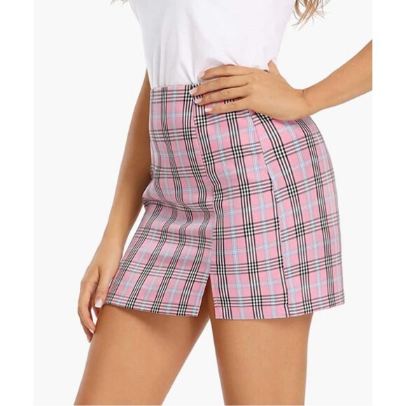 Pink Plaid Checker Print High Waist Fitted Split Pencil Bodycon Mini Skirt - Picture 1 of 7